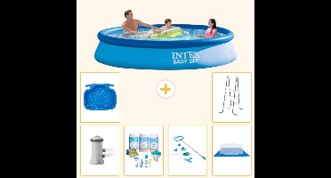 Intex Rond Opblaasbaar Easy Set Zwembad - 366 x 76 cm - Blauw - Inclusief Pomp - Onderhoudspakket - Schoonmaakset - Grondzeil - Voetenbad - Ladder - 7-delig
