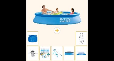 Intex Rond Opblaasbaar Easy Set Zwembad - 305 x 61 cm - Blauw - Inclusief Pomp - Onderhoudspakket - Schoonmaakset - Afdekzeil - Grondzeil - Voetenbad - Ladder - 8-delig