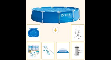 Intex Rond Frame Zwembad - 366 x 76 cm - Blauw - Inclusief Onderhoudspakket - Schoonmaakset - Grondzeil - Zwembadfilterpomp - Voetenbad - Ladder - 7-delig