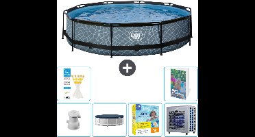 EXIT Rond Stone Frame Zwembad - 360 x 76 cm - Inclusief Pomp - Afdekzeil - Onderhoudspakket - Warmtepomp - 7-delig