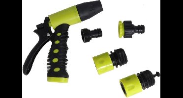 Pro Garden Tuinsproeier set 4-delig - spuit/sproeipistool met aansluitstukken - 14 cm - plastic - groen/zwart - 4 standen