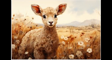 Poster 30x20 cm - Vintage - Schaap - Lammetje - Bloemen - Bergen - Natuur - Dieren - Posters - Kamer decoratie - Wanddecoratie woonkamer - Muurdecoratie slaapkamer