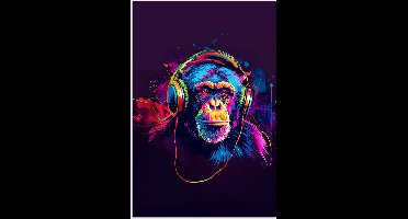 Poster 20x30 cm - Aap - Koptelefoon - Muziek - Kleurrijk - Posters - Wanddecoratie tienerkamer - Kamer decoratie voor tieners - Tiener jeugdkamer accessoires