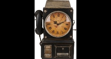 Out of the blue Sleutelkastje met een klok - retro telefoon - metaal - zwart/bruin - 26 x 35 cm