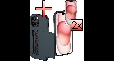 Hoes Geschikt voor iPhone 15 Pro Max Hoesje Pasjeshouder Hard Cover Met 2x Screenprotector Shock Proof Hard Case Hoes Met Kaarthouder - Donkerblauw