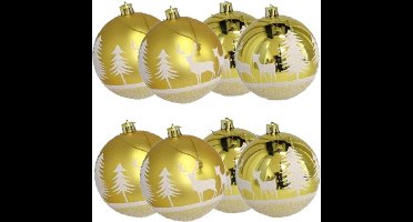 8x stuks gedecoreerde kerstballen goud kunststof diameter 8 cm - Kerstboom versiering