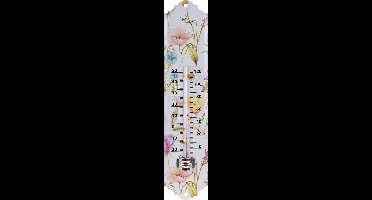 Pro Garden Binnen/buiten thermometer met lentebloemen print - wit - metaal - 29 x 6.5 cm