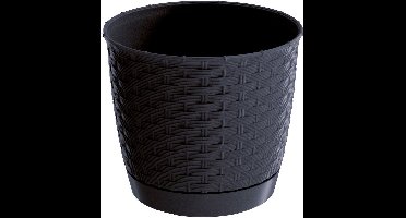Ronde gevlochten plantenpot/bloempot kunststof dia 22 cm en hoogte 19.5 cm in het antraciet grijs