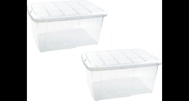 Plasticforte opslagbak organizers met deksel - 5x - transparant/wit - 60 liter - kunststof