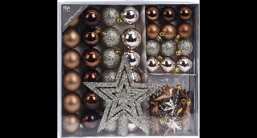 H&S Kerstballen met slingers en piek - 44st kunststof bruin - 4-5 cm