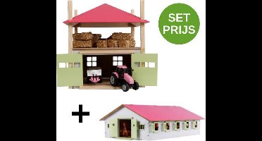 Kids Globe SET Paardenstal schaal 1:32 +hooiberg-hout-met-berging-1:32 roze