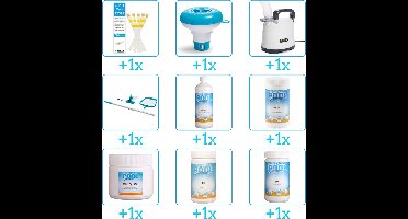 Alles-in-1 Zwembad Onderhoudspakket - bevat Chloor - PH-min - PH-plus - Schoonmaakset - Algen - Chloor - Testrips - Chloordrijver en Dompelpomp (9-delig)