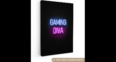 Canvas schilderij 80x120 cm - Wanddecoratie Gaming - Quotes - Neon - Gaming diva - Vrouwen - Muurdecoratie game room - Gaming kamer decoratie - Gameroom accessoires - Schilderijen - Game room decoratie