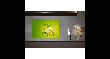 Inductieplaat Beschermer - Citroen en Groene Bladeren tegen Lichtgroene Achtergrond - 70x50 cm - 2 mm Dik - Inductie Beschermer - Bescherming Inductiekookplaat - Kookplaat Beschermer van Wit Vinyl