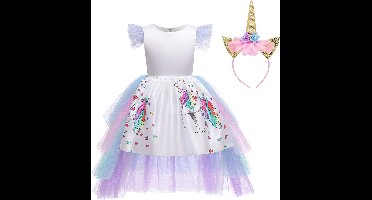 Joya Kids® Luxe Witte Eenhoorn Verkleed Jurk | Unicorn Jurk kostuum | Prinsessen jurk verkleedjurk + Haarband | Jurk met tule sleep | cadeau meisje | Maat 140