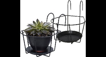 Gerimport Balkon bloempothouder - 2x - bloembak met ophanging - zwart metaal - 24 x 18 x 17 cm - rond - Balkonbakken