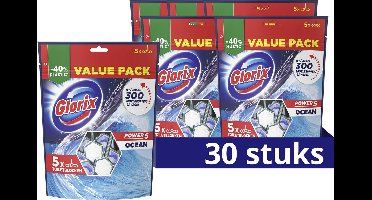 Glorix Power 5 Toiletblok - Ocean - in een hersluitbare en geurbehoudende verpakking met 40% minder plastic* - 6 x 5 stuks