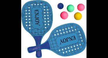 Gerimport Beachball set - hout - blauw - strand sport speelset - met 5x balletjes