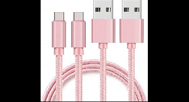 2x USB C naar USB A Nylon Gevlochten Kabel Roze - 1 meter - Oplaadkabel voor Honor 8 / Honor 9 / Honor 10 / Honor PLAY / Honor VIEW 10