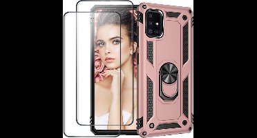 Telefoonhoesje Geschikt voor: Samsung Galaxy A51 hoesje Schokbestendige ring armor met 2X volledige schermdekking Screenprotector rose goud