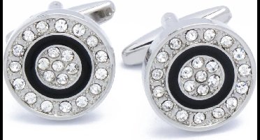 Manchetknopen - Rond Kleine Steentjes Zwart en Zilver