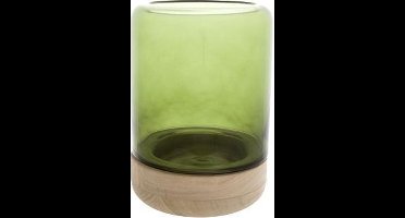 Windlicht Glas Op Houtvoet Groend15xh20c