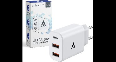 Arisenn® ULTRA QC 30W USB (C) Oplader Quick Charge snellader wit voor smartphones en tablets. iPhone lader - Wereldwijd te gebruiken, multi-poort laden met meerdere beveiligingen. Geschikt voor Apple, Samsung, Huawei, OPPO en meer. NL stekker