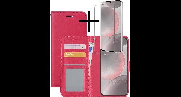 Hoesje - Met Screenprotector - Geschikt voor Samsung Galaxy S24 - Luxe Pasjeshouder - Bookcase Portemonee - Flip Case - Kunstleer Book Case - Flipcase - Book Cover - Walletcase - Portemonneehoes - Donkerroze