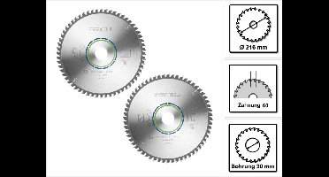 Festool speciaal cirkelzaagblad set 2x HW 216 x 30 x 2,3 mm W60 ( 2x 491051 ) 216 mm 60 tanden