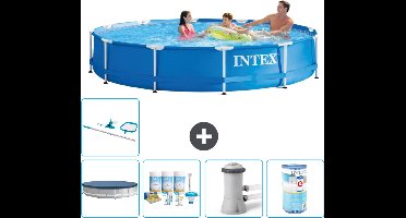 Intex Rond Frame Zwembad - 366 x 76 cm - Blauw - Inclusief Afdekzeil - Onderhoudspakket - Zwembadfilterpomp - Filter - Schoonmaakset