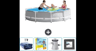 Intex Rond Prism Frame Zwembad - 305 x 76 cm - Grijs - Inclusief Solarzeil - Onderhoudspakket - Zwembadfilterpomp - Vloertegels