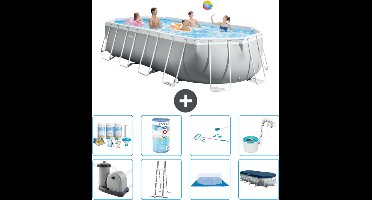 Intex Ovaal Prism Frame Zwembad - 610 x 305 x 122 cm - Grijs - Inclusief Pomp - Ladder - Grondzeil - Afdekzeil Onderhoudspakket - Filter - Schoonmaakset - Skimmer