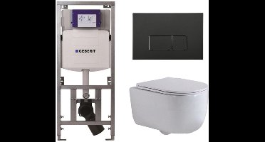 QeramiQ Dely Swirl Toiletset - 36.3x51.7cm - Geberit UP320 inbouwreservoir - met Burda frame - slim zitting - mat zwarte bedieningsplaat - rechthoekige knoppen - wit mat