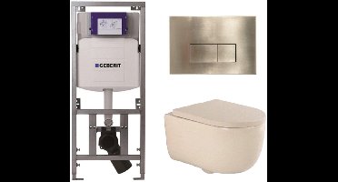 QeramiQ Dely Swirl Toiletset - 36.3x51.7cm - Geberit UP320 inbouwreservoir - met Burda frame - 35mm zitting - geborsteld messing bedieningsplaat - rechthoekige knoppen - beige