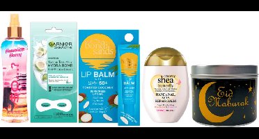 Garnier Cadeauset Ramadan Suikerfeest So..? Body Mist Hawaiian Honey & Treaclemoon Shea Butter - Bondi Sands Lip Balm SPF50+ Coconut - Treaclemoon Hand Cream Creamy Shea - Garnier SkinActive Masker Sheet Oog Hydra