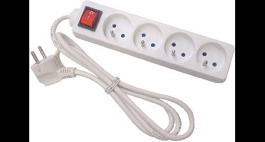 Perel Stekkerdoos met schakelaar, 4 stopcontacten met penaarde (type E), kabel 3 m, 3G1.5, gebruik binnenshuis, wit