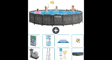 Intex Rond Prism Frame Greywood Zwembad - 549 x 122 cm - Inclusief Pomp - Ladder - Grondzeil - Afdekzeil - Filter - Speelgoed - 9-delig