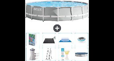 Intex Rond Prism Frame Zwembad - 457 x 107 cm - Grijs - Inclusief Pomp - Ladder - Grondzeil - Afdekzeil - Solar Mat - Verlichting - 9-delig