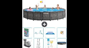 Intex Rond Prism Frame Greywood Zwembad - 549 x 122 cm - Inclusief Pomp - Ladder - Grondzeil - Afdekzeil - Schoonmaakset - Speelgoed - 9-delig