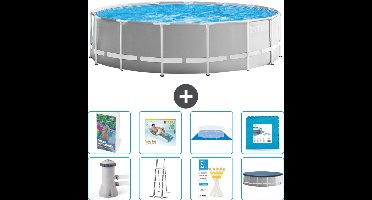 Intex Rond Prism Frame Zwembad - 457 x 122 cm - Grijs - Inclusief Pomp - Ladder - Grondzeil - Afdekzeil - Loungebed - Vloertegels - 9-delig