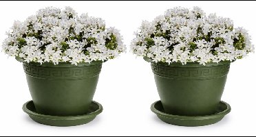 Plasticforte 2x plantenpot met opvang schaal - donkergroen - rond - D30 x H23 cm - kunststof - buiten - tuin - bloempot