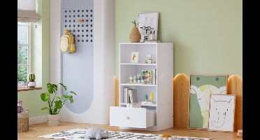 Boekenkast – Vakkenkast – Wandkast – Opbergkast – Ladekast – MDF Wit met Houten Accenten – 3 Planken en 1 Lade – Stille Geleiders