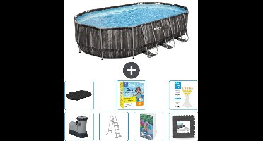 Bestway Ovaal Power Steel Zwembad - 610 x 366 x 122 - Grijs - Inclusief Pomp - Ladder - Afdekzeil - Onderhoudspakket - Vloertegels - 8-delig