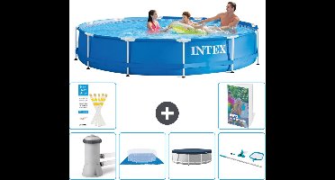 Intex Rond Frame Zwembad - 366 x 76 cm - Blauw - Inclusief Pomp Grondzeil - Afdekzeil - Schoonmaakset - 7-delig