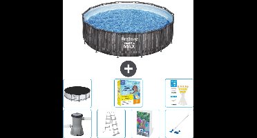 Bestway Rond Steel Pro MAX Zwembad - Houtprint - 427 x 107 cm - Inclusief Pomp - Ladder - Afdekzeil - Onderhoudspakket - Stofzuiger - 8-delig