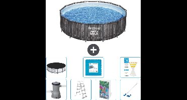 Bestway Rond Steel Pro MAX Zwembad - Houtprint - 427 x 107 cm - Inclusief Pomp - Ladder - Afdekzeil - Vloertegels - Stofzuiger - 8-delig