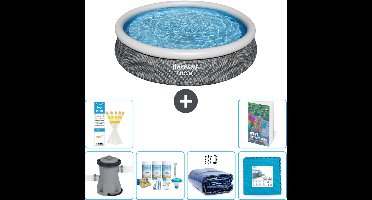 Bestway Rond Opblaasbaar Fast Set Zwembad - Rotanprint - 366 x 76 cm - Inclusief Pomp Onderhoudspakket - Solarzeil - Vloertegels - 7-delig