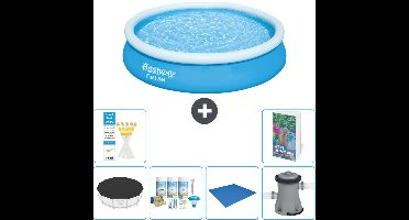Bestway Rond Opblaasbaar Fast Set Zwembad - 366 x 76 cm - Blauw - Inclusief Afdekzeil - Onderhoudspakket - Grondzeil - Zwembadfilterpomp - 7-delig