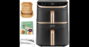 Cosori XXL Airfryer Turbo Tower Pro - met 100 stuks bakpapier - Keramische coating - 10.8 liter inhoud - 2 manden apart in te stellen - 7 programma's