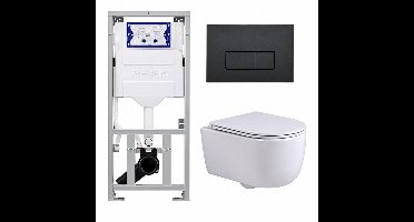 QeramiQ Dely Swirl Toiletset - 36.3x51.7cm - Geberit UP320 inbouwreservoir - met Burda frame - slimzitting - bedieningsplaat antraciet mat - rechthoekige knoppen - wit glans